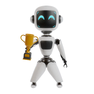 A white robot holding a trophy